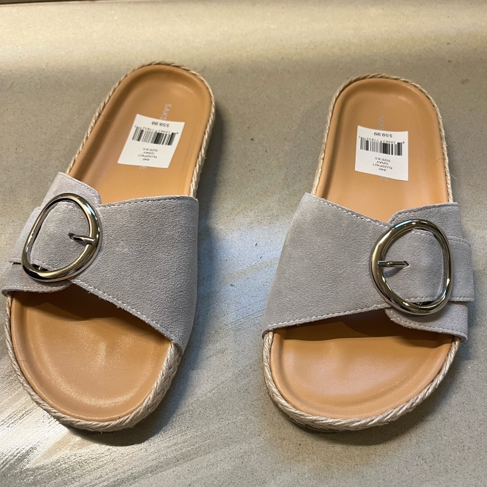 Saks Fifth Avenue Gray Suede Sandal with Buckle, size 8.5